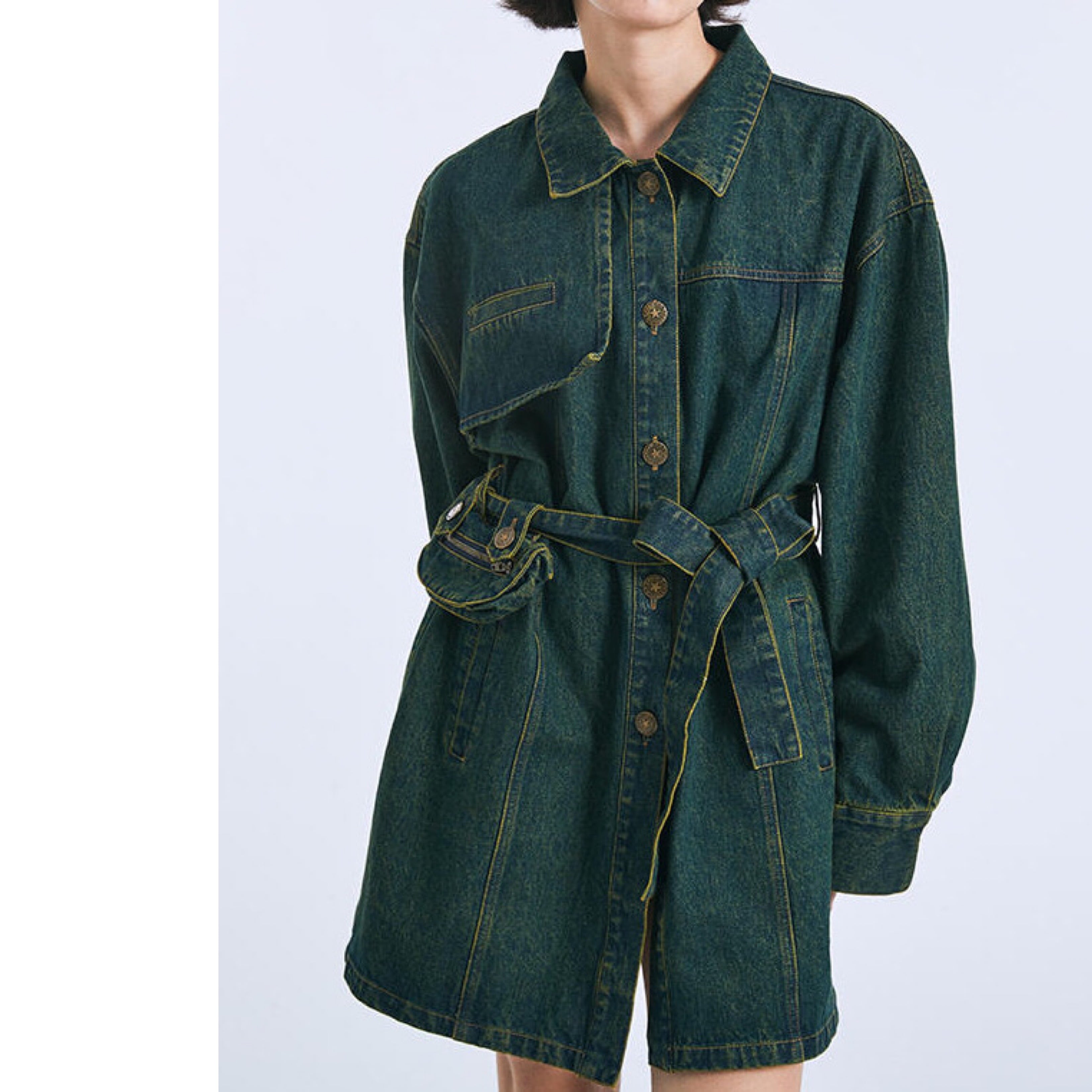 【 デニム ★ トレンチコート ショート丈 】vintage “style” short trench denim coat, brand new /  昭和レトロ ビンテージ風 セミロングコート レディース アウター ストリート 青 派手 奇抜 原宿 春物 秋物 古着MIX 新品