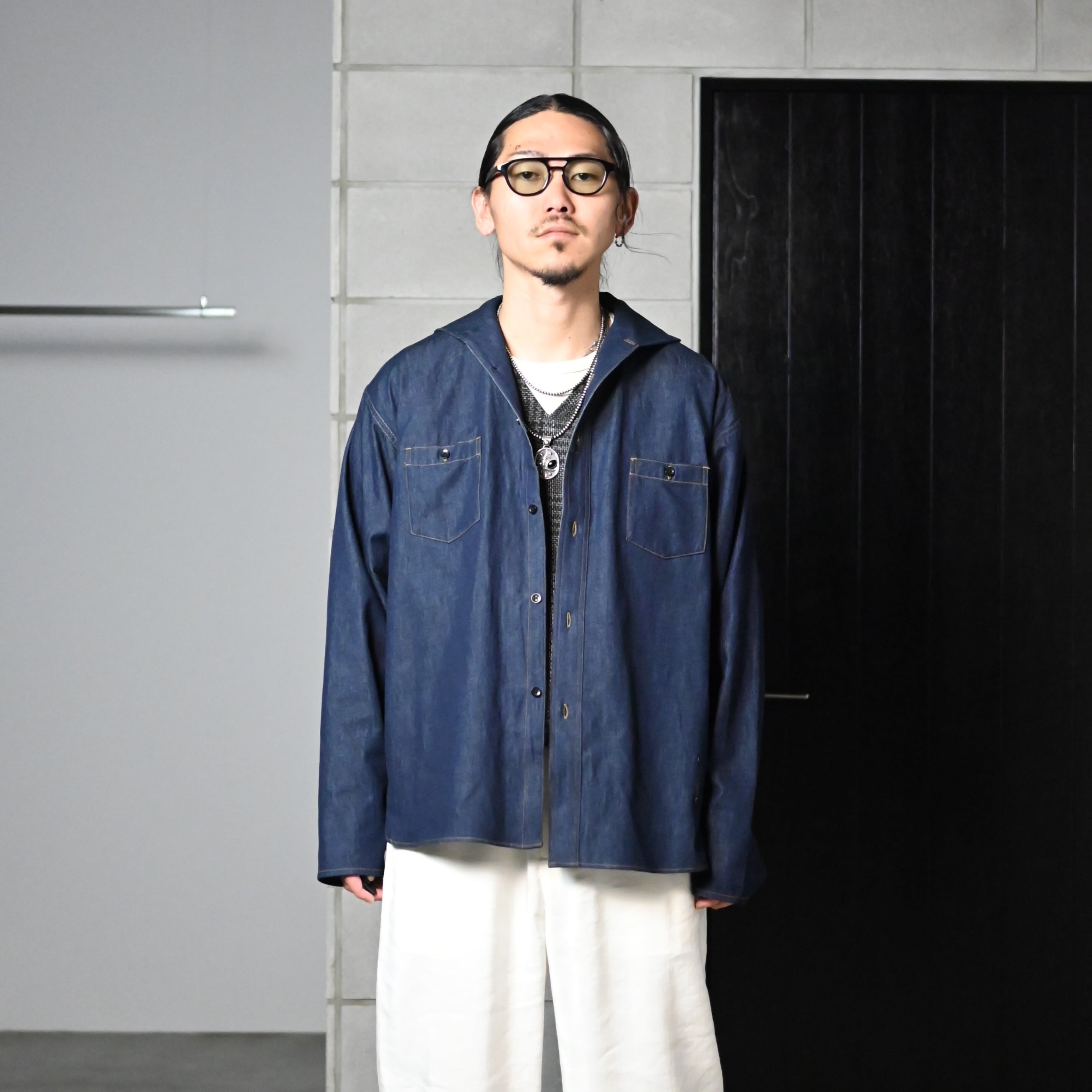 OLD JOE LINEN JACKET オールドジョー サイズ40 紺色 OLD JOE(オールドジョー) CAMP COLLAR MARINE SHIRTS (Long-Sleeve