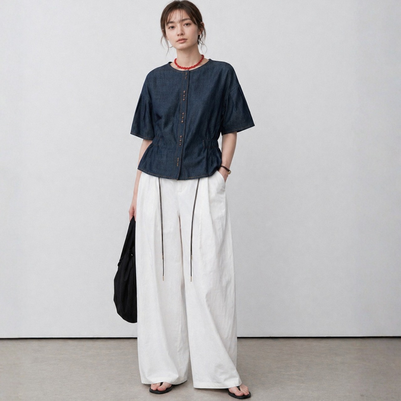 【SET】Denim Design Tops × Wide White Pants Set T6167