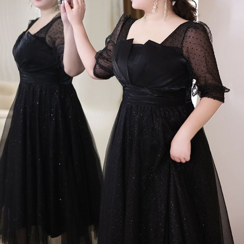 3XL〜7XL】ヘムネックパフスリーブチュールドレス D1614 | 演奏会