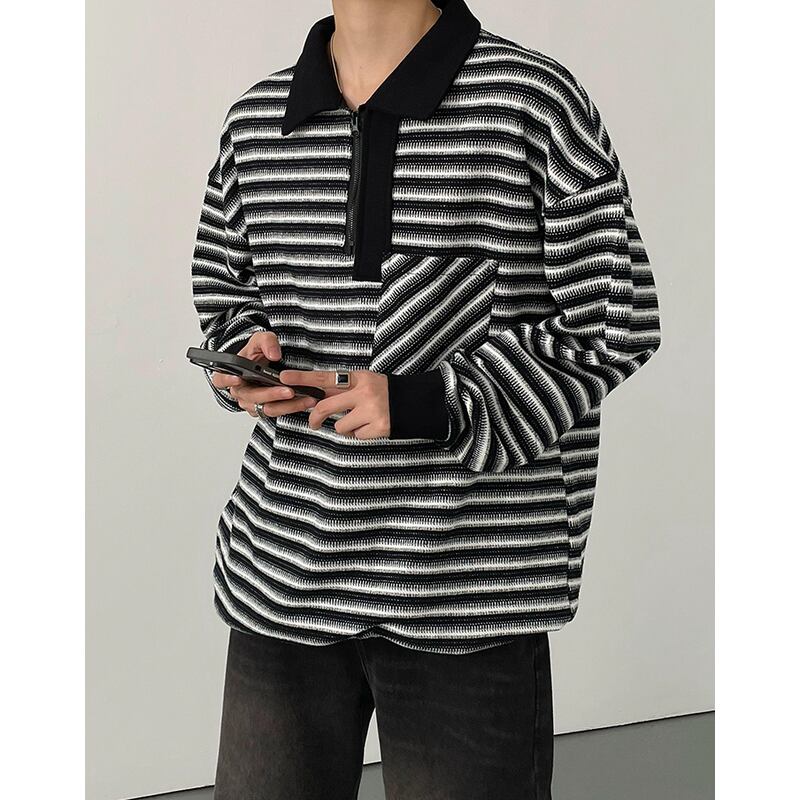 stripe pattern half-zip long sleeve knit top mr0620