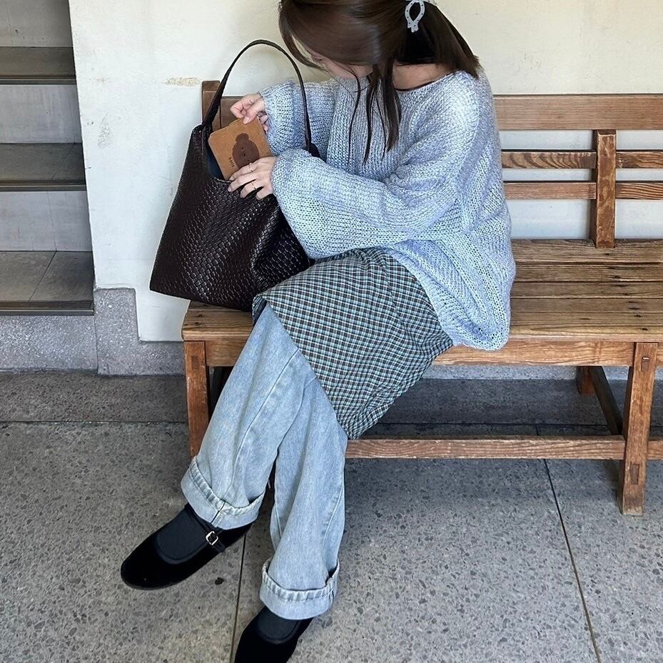 チェック柄ミディアムスカート【グレイッシュブラウン】/