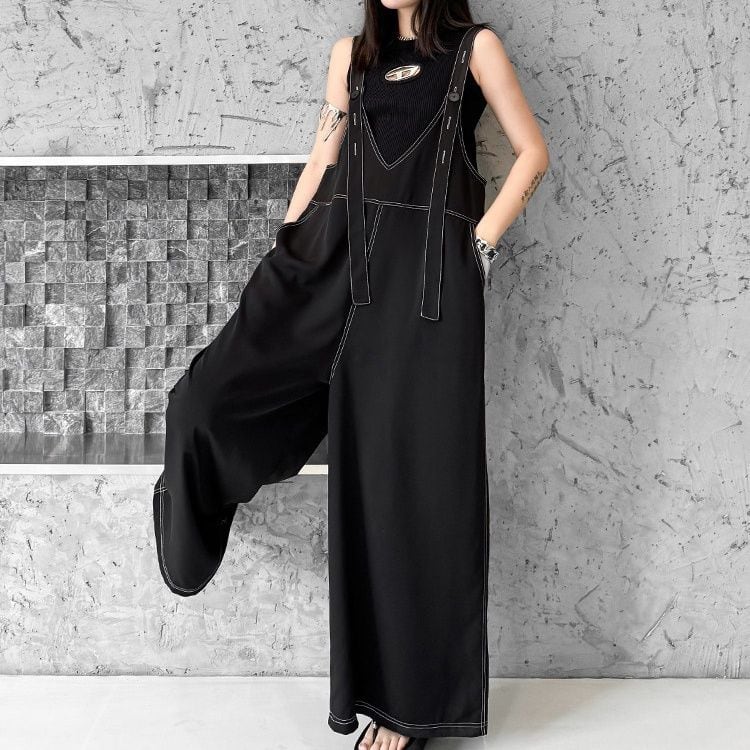 CONTRAST STITCH SLEEVELESS WIDE LEG JUMPSUIT M-17197