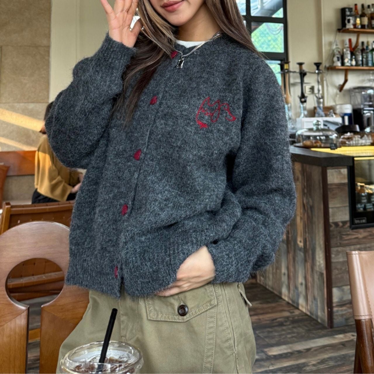 キャットハートボタンカーディガン 2col R00914