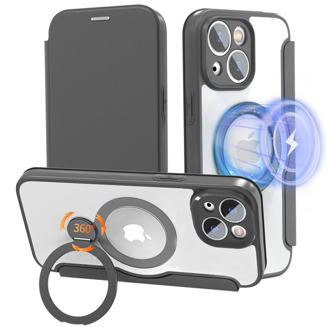 【磁気充電可・360度回転スタンド】 smhokesu iPhone 13 用 ケース 手帳型 カード収納 MagSafe対応 リング付き 360°回転スタンド 縦横回転 クリア仕様を引き継いだ手帳型 レザー素材 軽い 薄型 耐衝撃いphone 13 スマホケース 全面保護 アイフォン 13 携帯カバー マグセーフ対応 おしゃれ ブラック