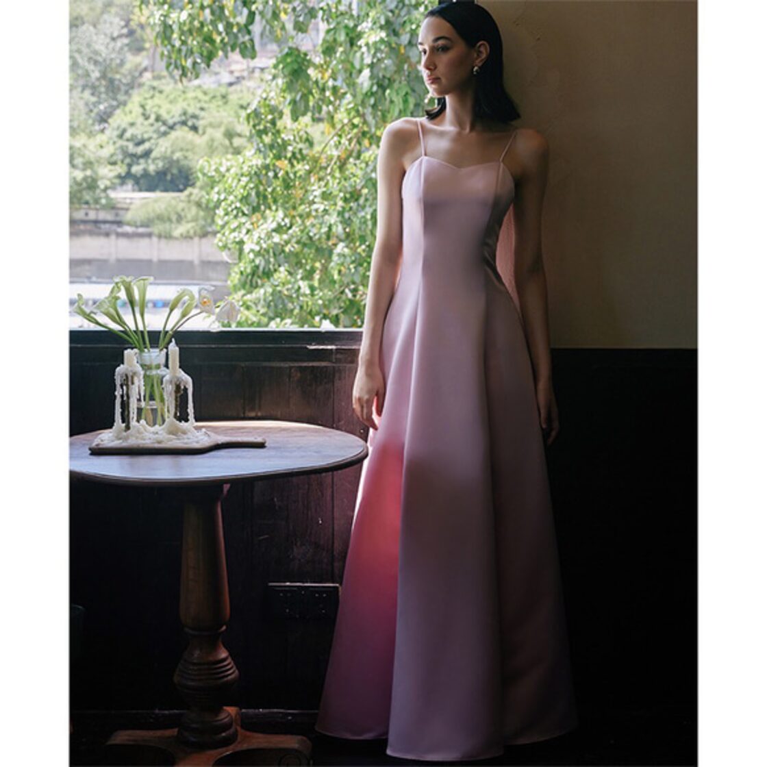 シンプルサテンスパゲティストラップウエディングドレス | Pay ID 