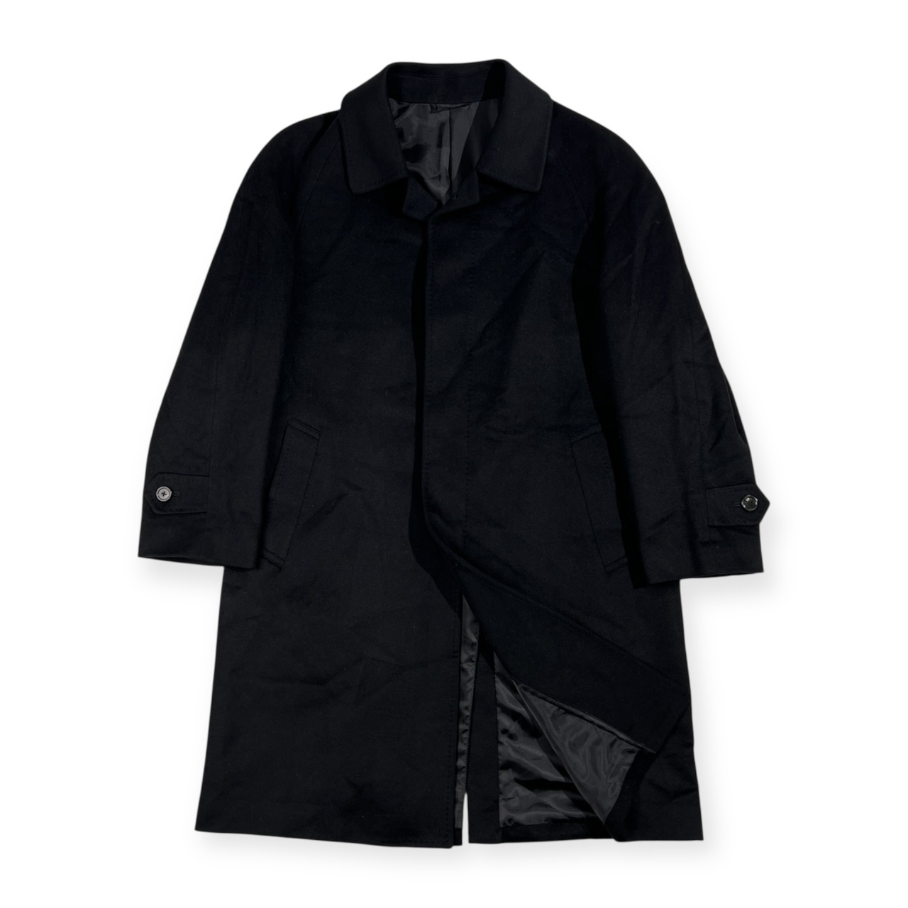 カシミヤ100% Bilancia ビランシア 高級 ピュア カシミア ウール 比翼 ステンカラーコート サイズ 94 A4 (94-82-165) /メンズ/ブラック