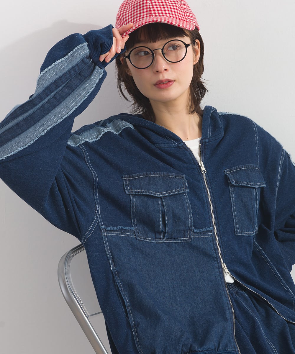 K261012 デニム切り替えZIPパーカー / Denim-Look Panel Zip Hoodie