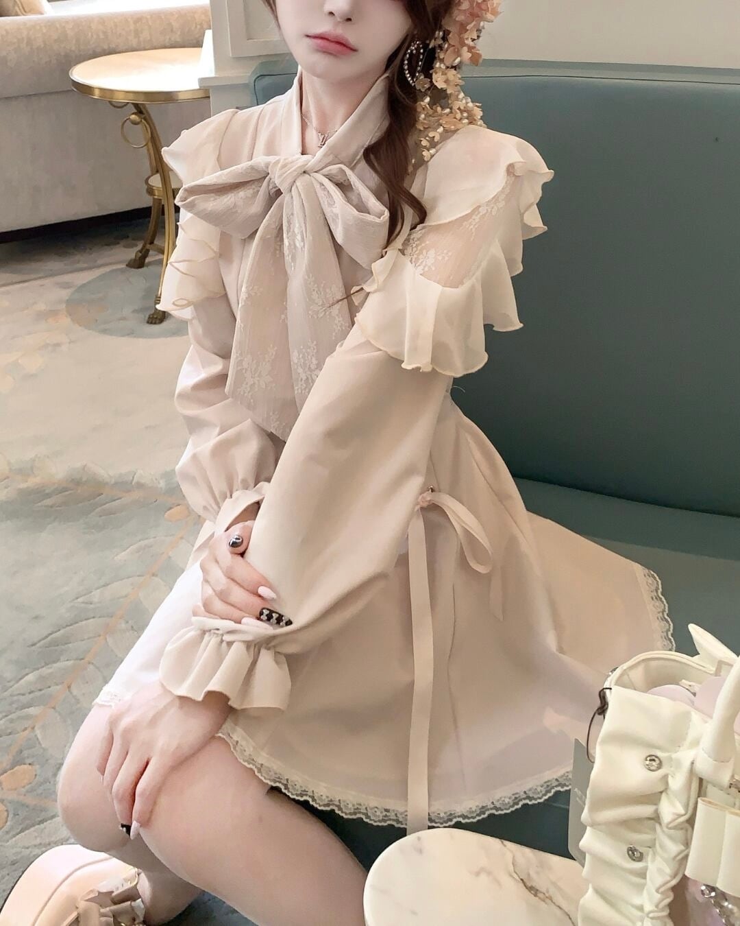 ボウタイリボンショルダーレースフリルワンピース 2508544