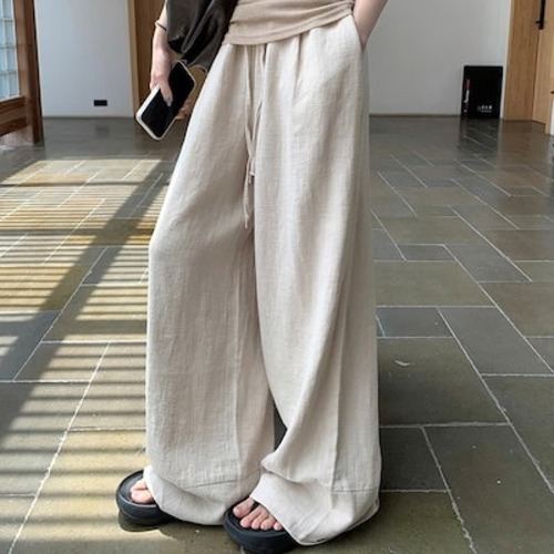 2024 春夏パンツ ロング丈 ワイド ストレート ウエストゴム ハイウエスト 美脚効果 脚長効果 細見え 夏 白 おしゃれ かわいい 韓国ファッション レディース お出かけ