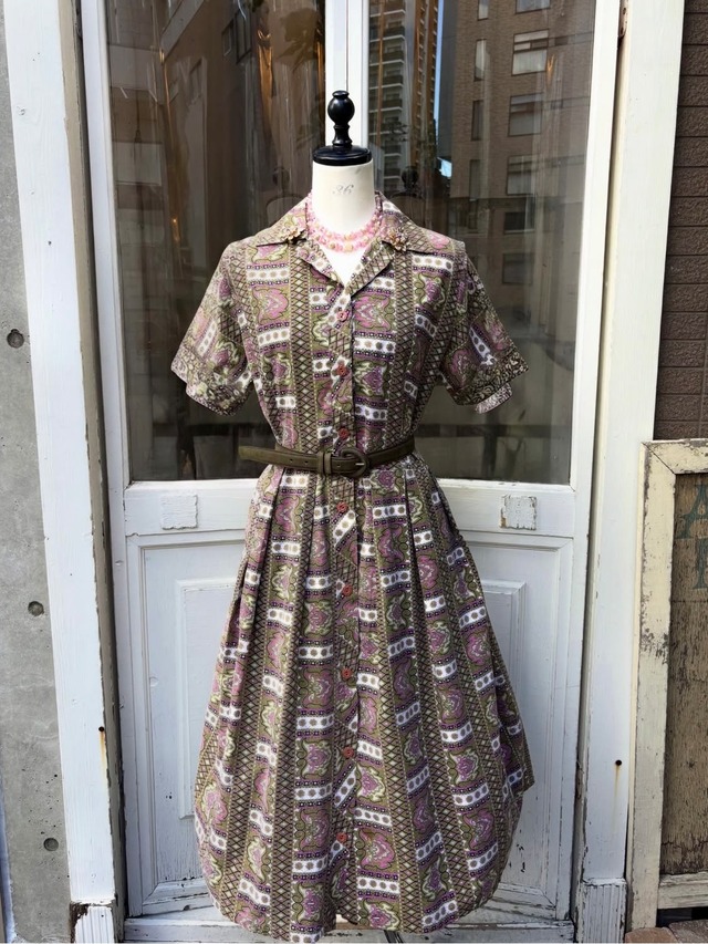 50's moss green×pink  dress