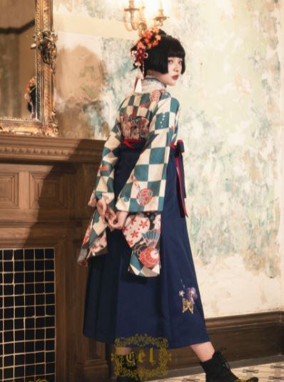 vintage Japanese mode羽織　着物　和柄　ブルー　ピンク