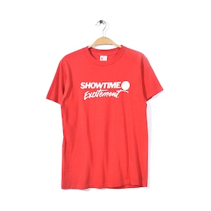 80s シグナル USA製 ヴィンテージ Tシャツ SHOETIME EXCITEMENT 赤 レッド 袖裾シングル アメカジ SIGNAL サイズM 古着 @BZ0093