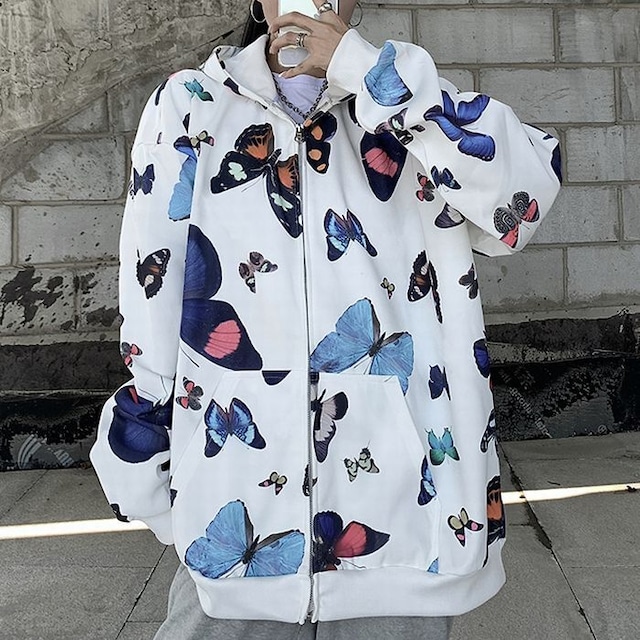 ユニセックス パーカー バタフライ 蝶 ジップアップ 長袖 オーバーサイズ 韓国ファッション メンズ レディース カジュアル ストリートファッション / Trendy hooded butterfly full print loose top (DTC-655102727322)