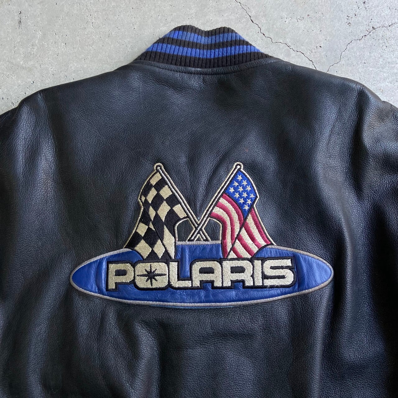 カナダ製 POLARIS ビッグロゴ 刺繍 オールレザースタジャン メンズXL相当 古着 ブラック ブルー 黒 青 【ブルゾン・ジャケット】 |  cave 古着屋【公式】古着通販サイト