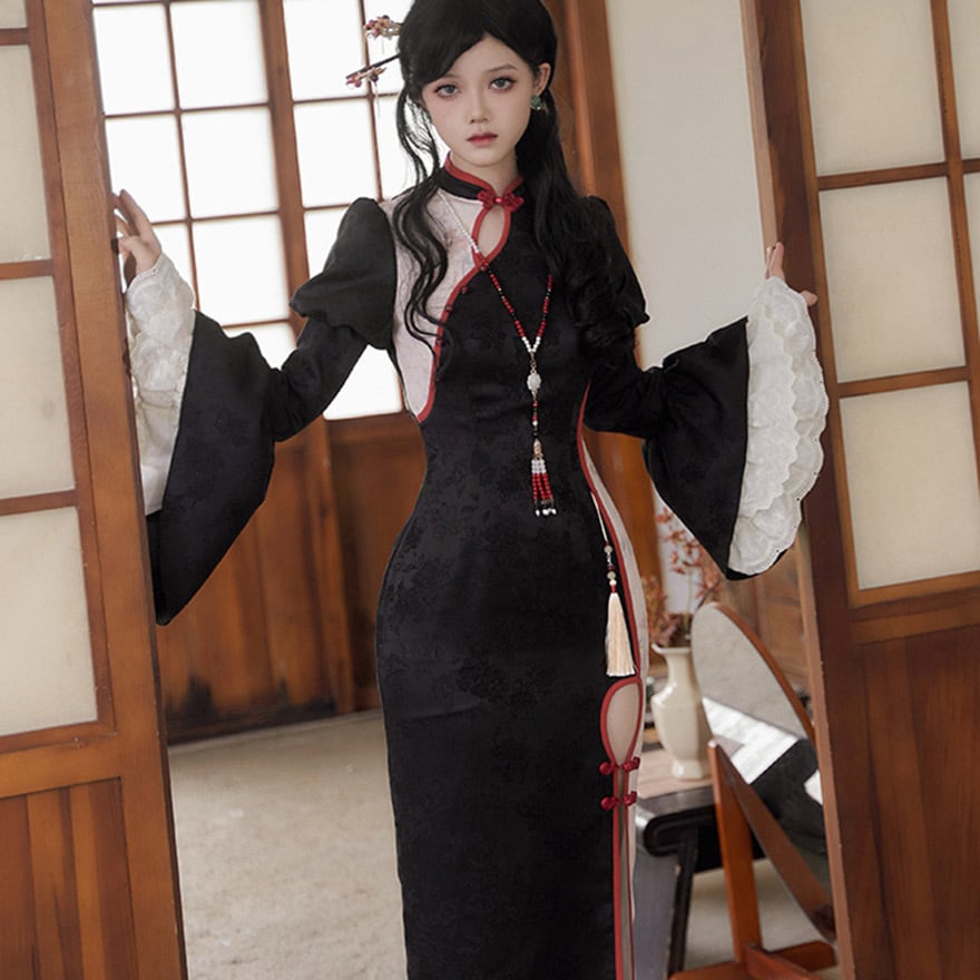 サブカル 服 地雷系 通販 チャイナドレス スリット 半袖 アームカバー 5点セット 付け袖 ショール タッセル ヘアピン 華ロリ スリットドレス モデル撮影会 イベント衣装 コンカフェ衣装