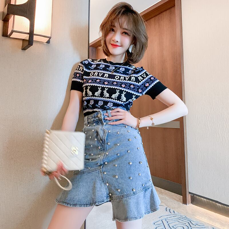 ジャカードラウンドネックスリムショートニットTシャツ サマー 夏物 Oネック MIUCO87867237473