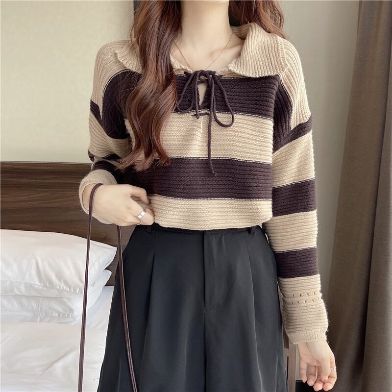 カラーストライプセーター 薄手スプリングオータムスタンダードブラウス ロング レトロ 春物 秋物 萌量不足64444745951
