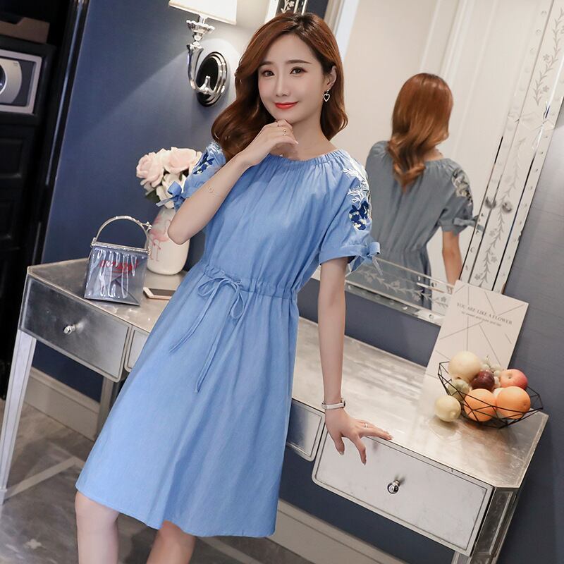 【新作】【送料無料】 新しいファッションの薄いデニム刺繍のマタニティドレス2019夏バージョンルーズミドル丈プラスサイズのマタニティドレス-アリババ 大きめサイズ サマー 夏物 expec241057225375