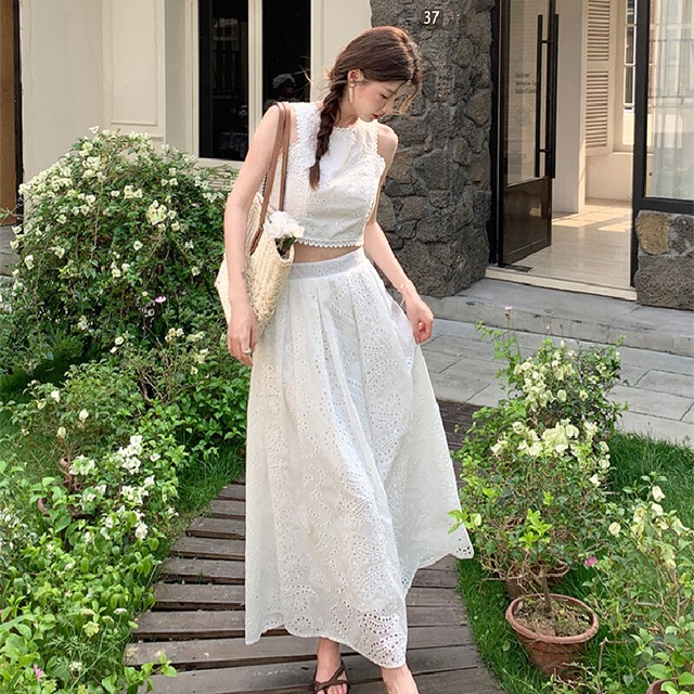 【Morning Gardenシリーズ】セットアップ ノースリーブ 刺繡 トップス+ハイウエスト スカート ホワイト S M L XL