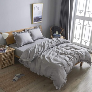 【特価処分】HOdo Home 布団カバー セミダブル 4点セット 掛け布団カバー ベッドカバー 枕カバー ベッドシーツ ボックスシーツ 洋式・和式兼用 寝具カバーセット フリル付き ピーチスキン加工 洗い替え 速乾（セミダブル ライトグレー）