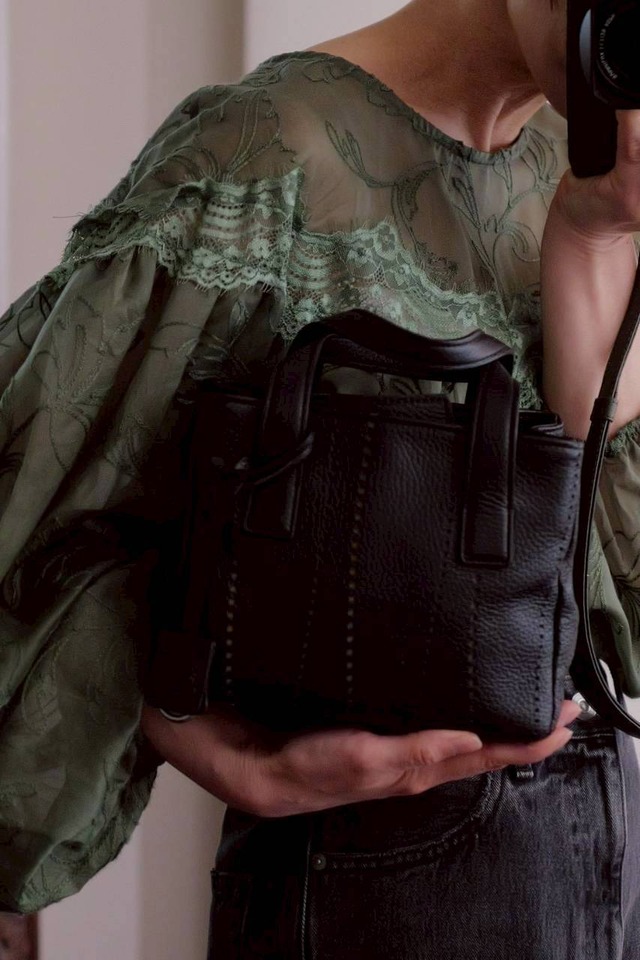 leather dot stitch mini hand bag black