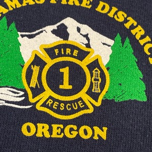 【JERZEES】メキシコ製 オレゴン消防署 FIRE RESCUE OREGON ワンポイントロゴ バックプリント ビッグロゴ ハーフジップ スウェット プルオーバー ネイビー 裏起毛 M US古着