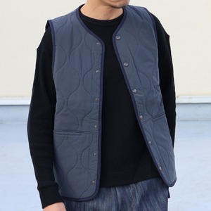 Teflon Wave Quilt Snap Button Vest　Navy　