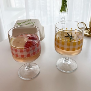 retro check glass goblet 400ml / レトロ チェック ガラス ゴブレット コップ レース おうちカフェ 韓国 雑貨