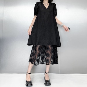 フラワーレースレイヤードパフスリーブドレス R0463