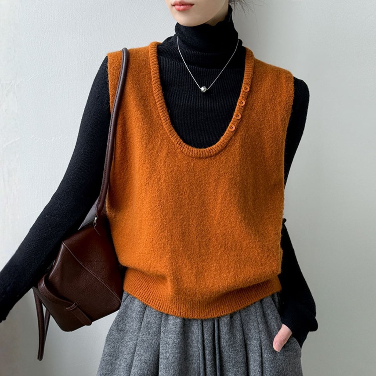 ボタンデザイン Uネックニットベスト 4color N00525