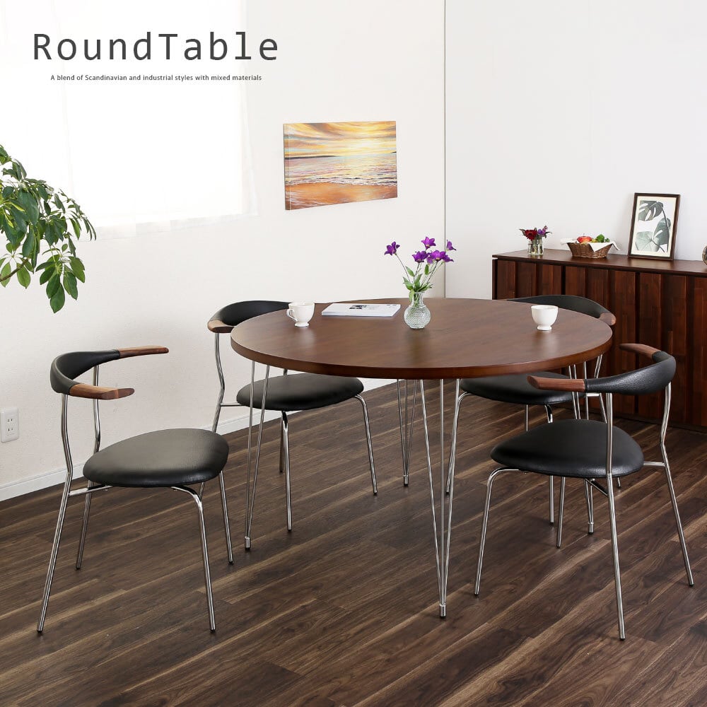 ダイニングテーブル円形幅120オーク無垢天然木大きめ2〜4人用リバー