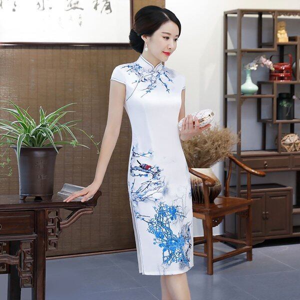 チャイナドレス ロング ワンピース 入園式 婚活 顔合わせ 染付け 着痩せ 大きいサイズ スタンドネック M L Ll 3l 4l 代 30代 40 代 50代 半袖 Elegant