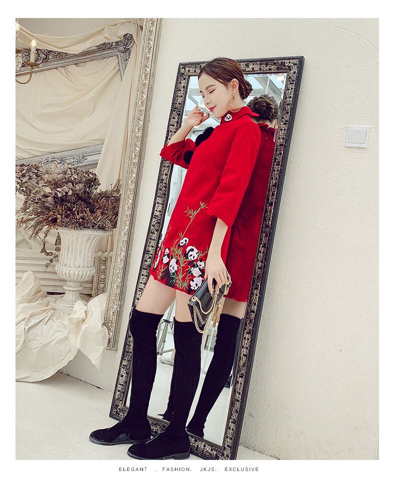 チャイナドレス風ワンピース ショート丈 パンダ柄 パンダ襟 厚手 刺繍