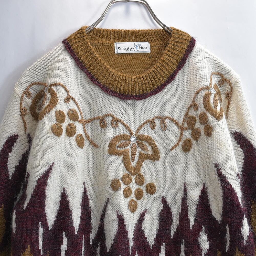 90s~ Senstive Plant シェブロン&ボタニカル刺繍デザイン 求心柄 ロピセーター ヴィンテージ ニット ブラウン ノルディック風 ビンテージ 古着 レディースL相当