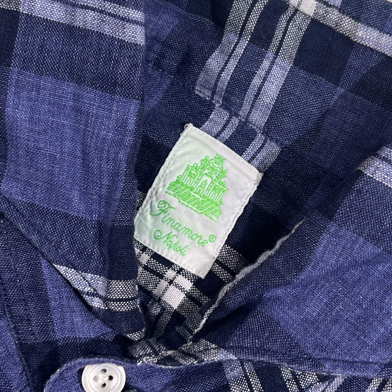 リネン100％ イタリア製 Finamore フィナモレ チェック柄 長袖シャツ 14 1/2 37/ブルー系 メンズ