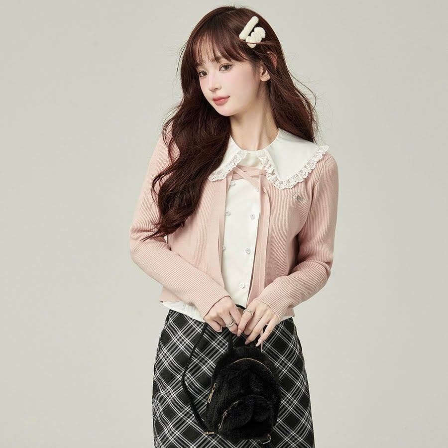 トップス カーディガン ニットカーディガン 長袖 リボン 前開き