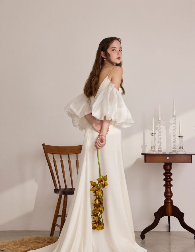 ウェディングドレス パフスリーブ キャミソール 可愛い 前撮り 細見え  