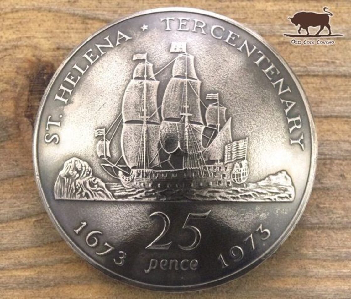 大型 コンチョ　セントヘレナ島　25ペンス　帆船　38mm　コインコンチョ　ボタン　本物コイン使用
