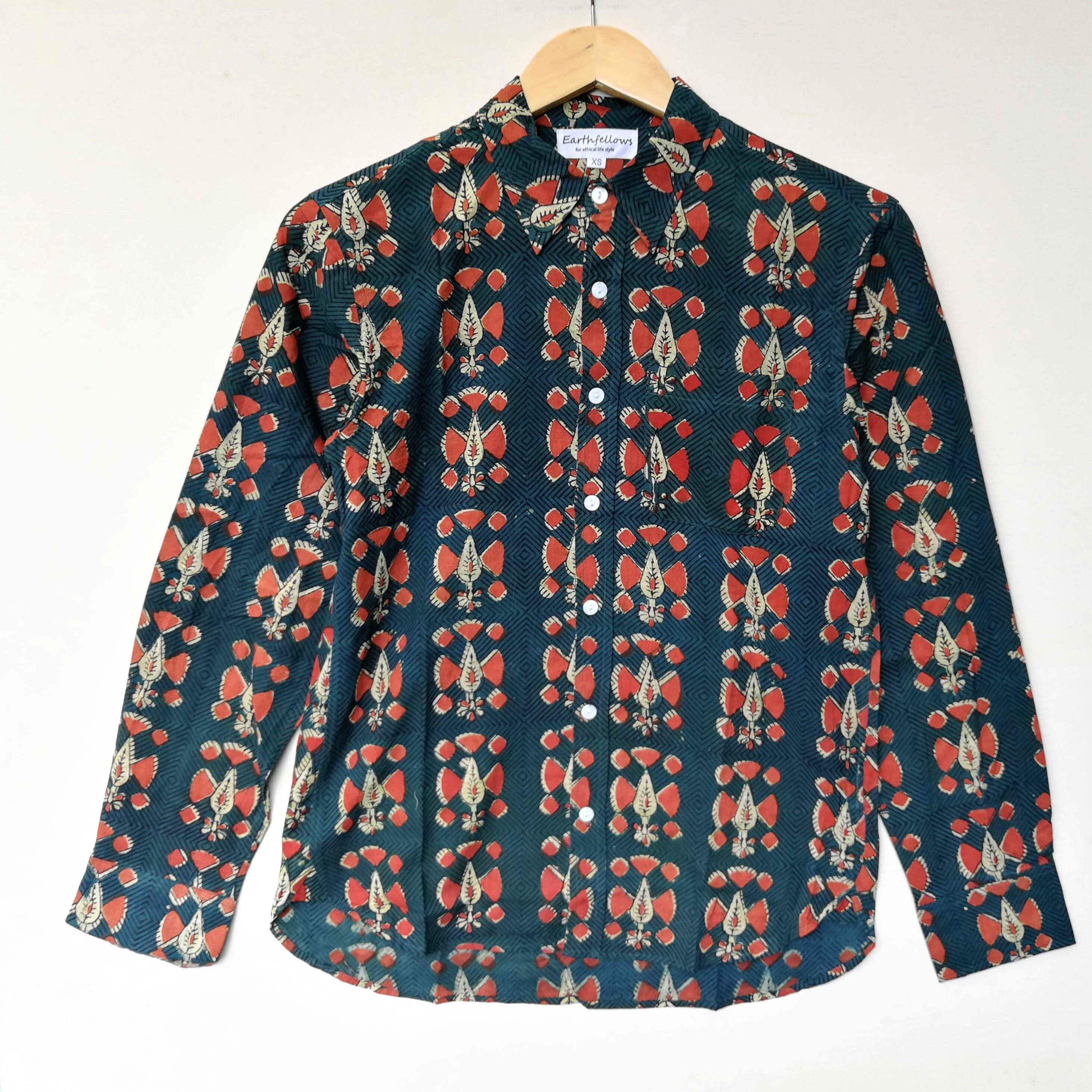 ★春夏秋３シーズン★オーガニックコットン草木染ブロックプリント長袖シャツ３（XS～XL）