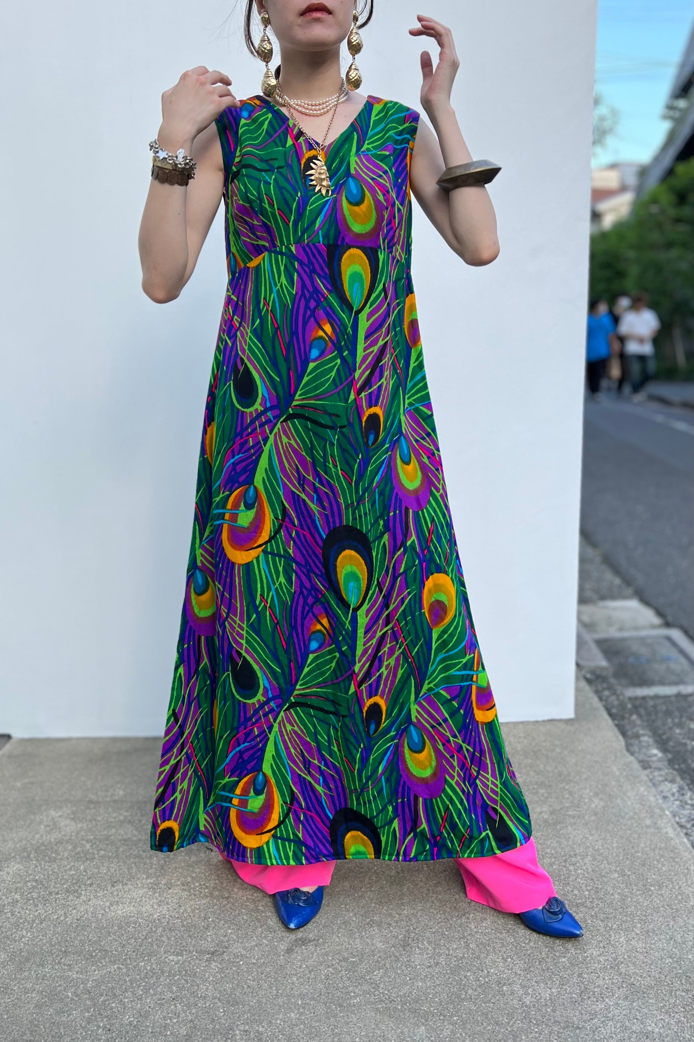 70s hawaiian × peacock sleeveless dress ( ヴィンテージ ハワイアン