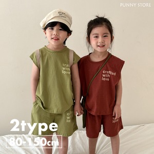 《取寄》レタリングゆるカジセットアップ （全２色） QQMM 2024夏 韓国子供服 ノースリーブ  ルーズフィット アースカラー リンクコーデ