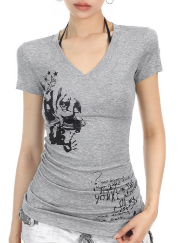 Graphic Eyelet V-Neck T-Shirt［A0513］