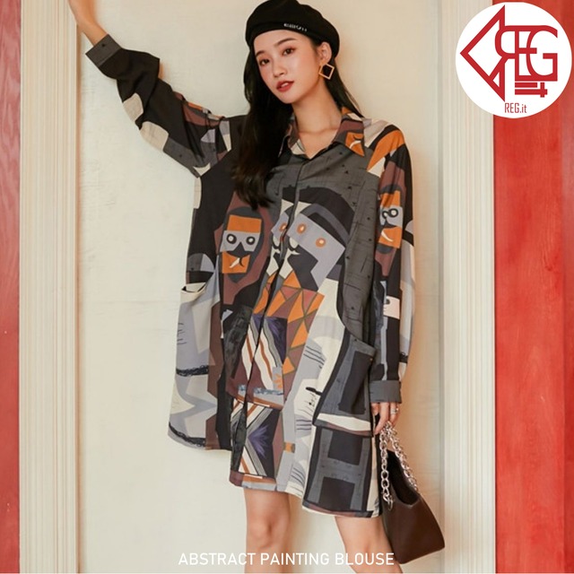 【REGIT】ABSTRACT PAINTING BLOUSE 韓国ファッション トップス ブラウス シャツ ロング オーバーサイズ 個性的 20代 30代 着映え ネット通販 TTB047