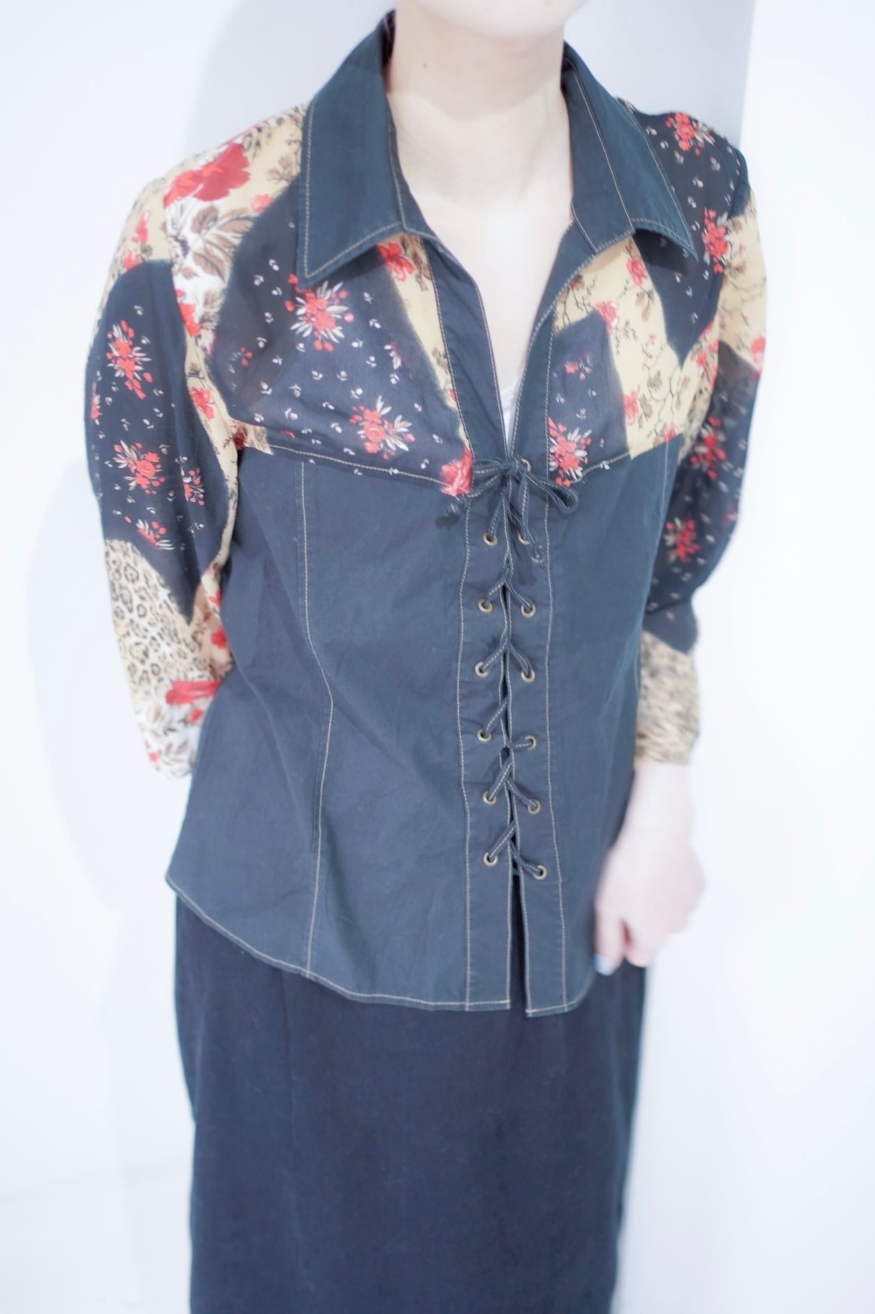 black flower lace up blouse