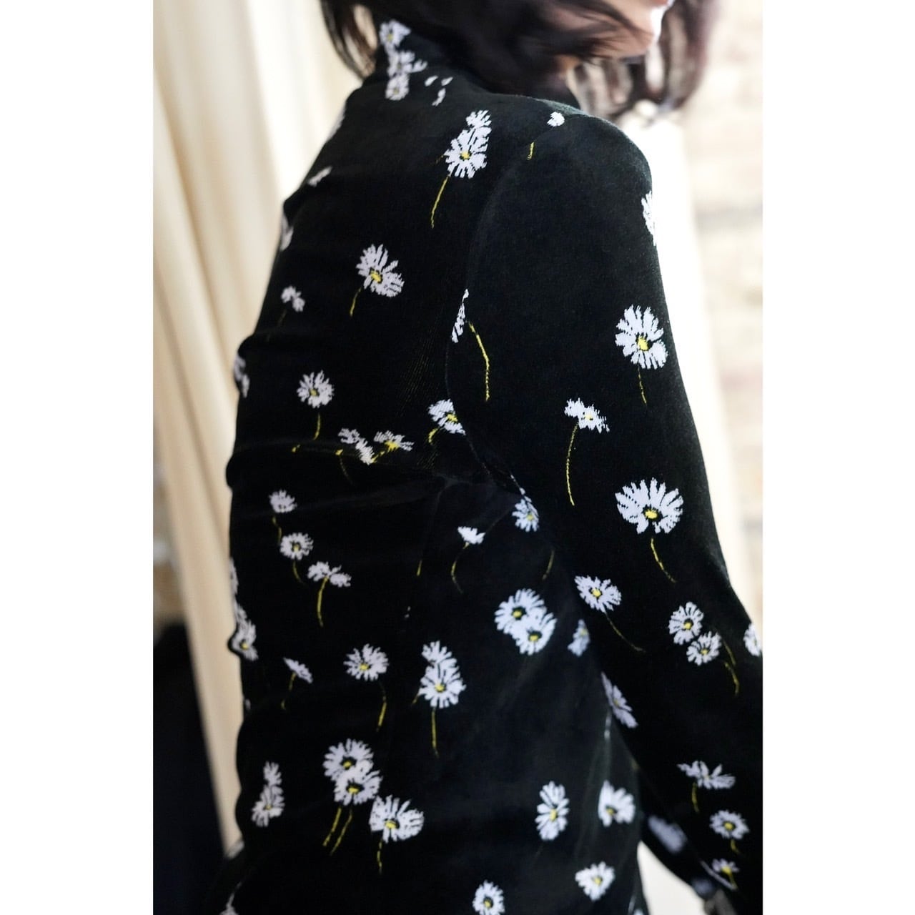 Mame Kurogouchi / Velour Jersey Floral High Neck Top ( BLACK, NAVY