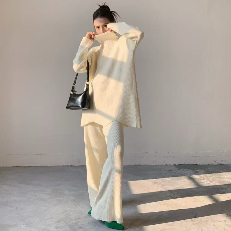 【set】ハイネックニットトップス×ワイドパンツセット Q7066