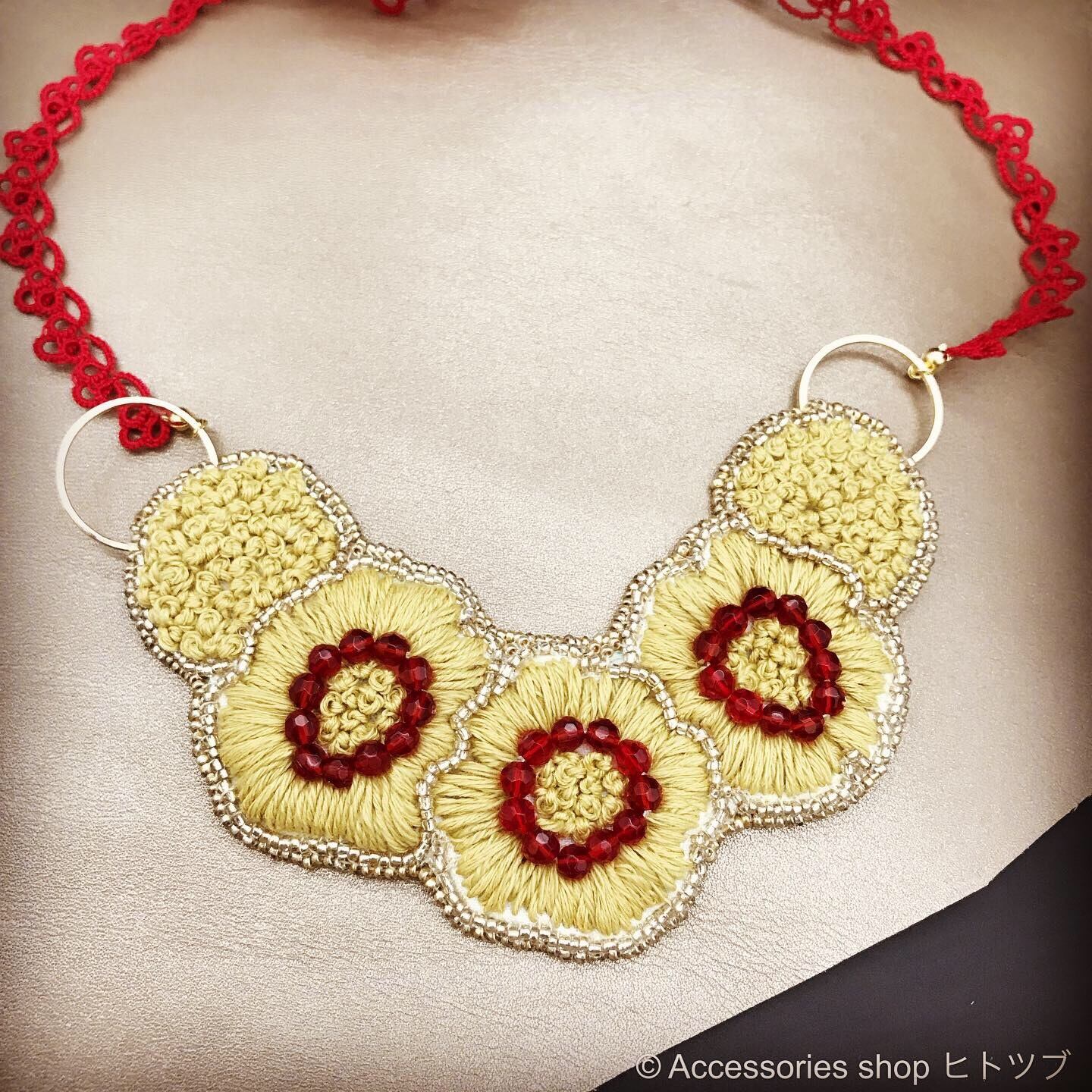 0182:linen×cotton お花のロングネックレス