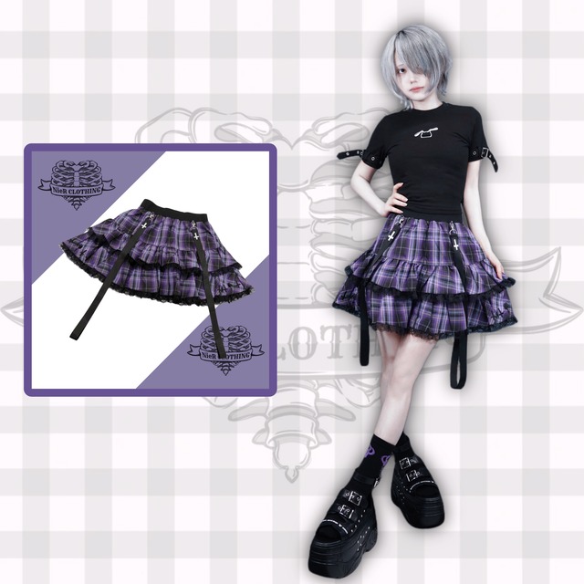 CROSS刺繍入りFRILL PURPLE CHECK SKIRT【インパン付き】