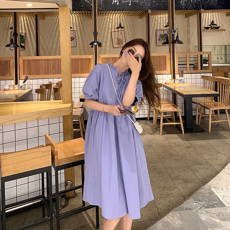 【新作】【送料無料】 マタニティウェア2020夏の新しい綿とリネンのパフスリーブルーズドレススタイルミドルレングスファッションマタニティドレス-アリババ コットン サマー 夏物 expec230698893826